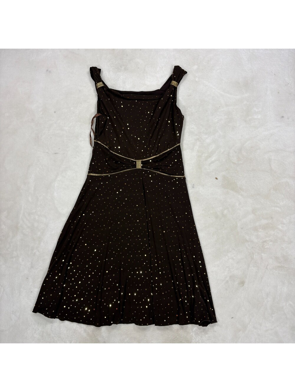 En Focus Womens 10P Brown Gold Foil Dot Empire Waist Midi Party Dress Sleeveless